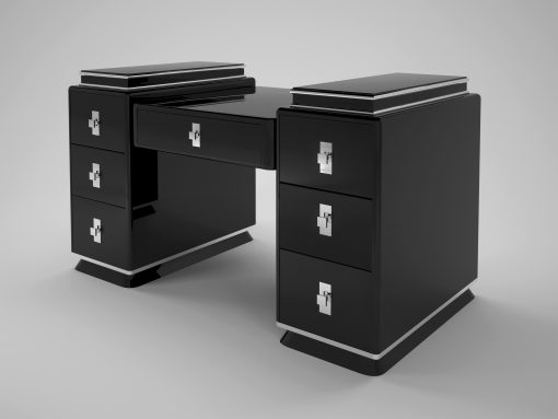 Hochglanz-Schwarzer Design Schreibtisch fuer ein luxurioeses Buero oder Wohnzimmer mit tollen Chromgriffen und Akzenten