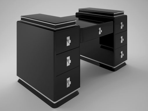 Hochglanz-Schwarzer Design Schreibtisch fuer ein luxurioeses Buero oder Wohnzimmer mit tollen Chromgriffen und Akzenten