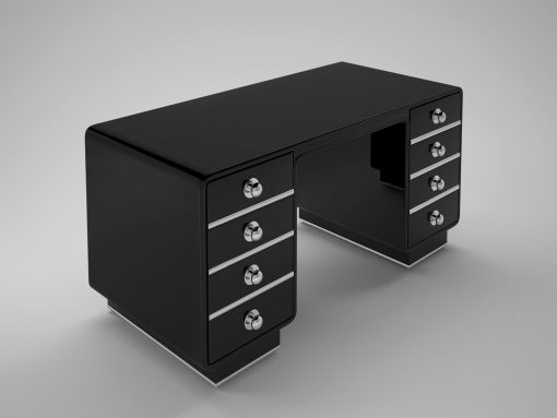 Schwarzer Art Deco Design Schreibtisch aus unserer Werkstatt in Senden, NRW. Bietet Hochglanz-Schwarzen Klavierlack und ein einzigartiges Design