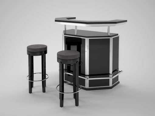 Tolle Art Deco Design Bar im Set mit Barstühlen, Chromapplikationen, Leder, Innendesign, Moebel, Hochglanz-Lack, schwebende Tischplatte, Regalboeden