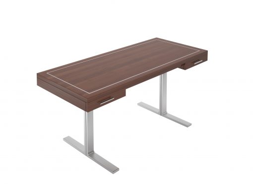 Schöner Design Schreibtisch aus edelen Palisanderholz und mit eleganten Stahlfueßen. Bietet eine tolle Intersie in der Tischplatte.