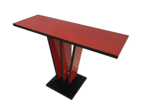 Rote und schwarze Art Deco Design Konsole, Tisch, Moebel, konsolentisch, farbenfroh, Innendesign, Luxusmoebel, Goldkugel, Wohnzimmer