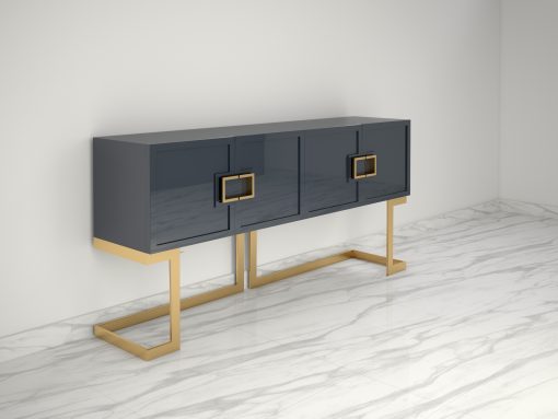 Graues Design Sideboard Buffet mit polierten Messing-Beinen, moderne Moebel, Design Moebel, Luxus Mobel, Wohnzimmerschrank, Hochglanz