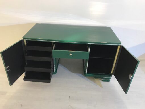 Art Deco Schreibtisch, 1920 aus Frankreich, Original Art Deco Möbel, Jaguar Racing Green, Crombänder, Klavierlack, Antiker Schreibtisch