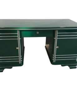 Art Deco Schreibtisch, 1920 aus Frankreich, Original Art Deco Möbel, Jaguar Racing Green, Crombänder, Klavierlack, Antiker Schreibtisch