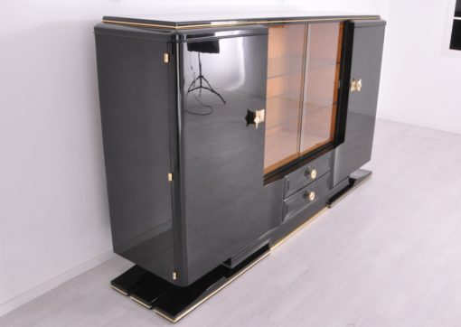 Art Deco Highboard Messinggriffe 1930er Jahre, Art Deco Sideboard, Vitrinenfach, Luxus-Moebel, Restauration, Messing, Antiquitäten, Klavierlack