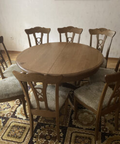 Round Extendable Dining Table, 8 Upholstered Chairs