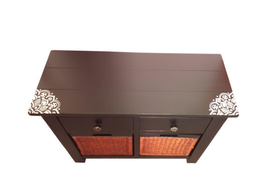 Black Commode With 2 Rattan Storage Boxes
