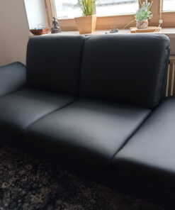 Black Leather Sofa, Carpet, Glass Coffee Table