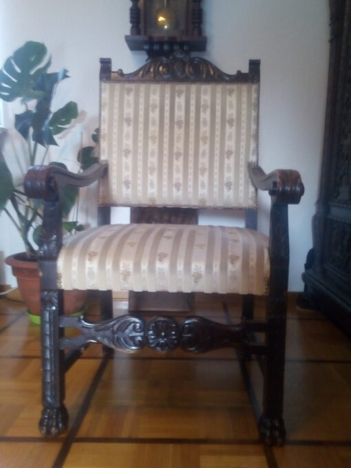Antique Armchair, Striped Pattern, Solid Wood