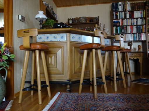Bar, 4 bar stools, 2 shelves, Solid Wood