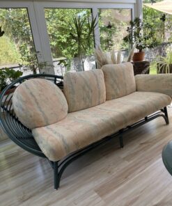 Designer Rattansofa 3-Sitzer in dunkelpetrol mit Messingfüsse